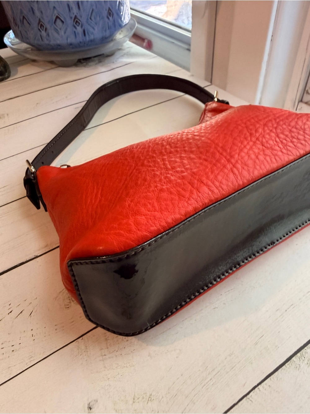 Kate Spade | Red Pebbled Leather Mini Hobo Bag with Black/Brown Patent Trim - Picture 5 of 14